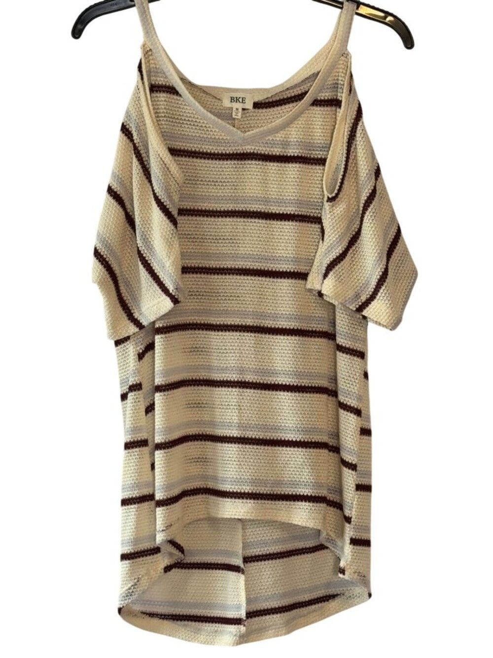 BKE Cold Shoulder Striped Knit Blouse High Low Hem Beige Burgundy Size M